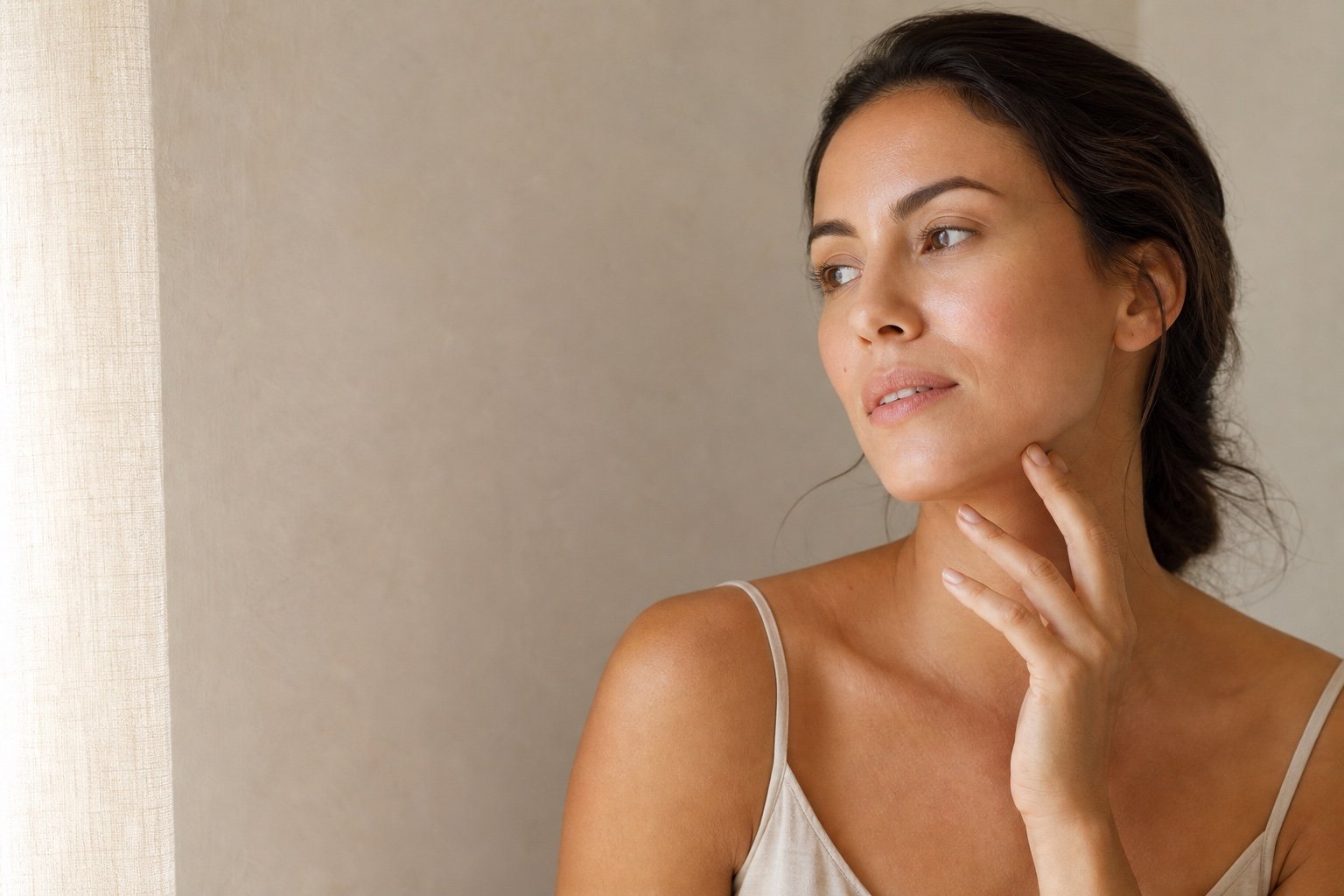 Woman with natural skin in warm, softly diffused light